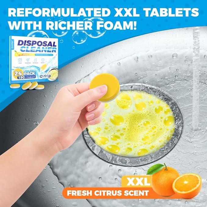 Qucship Powerful XXL Foaming Garbage Disposal Cleaner and Deodorizer Tablets - 24 Pack, Citrus Scent Garbage Disposal Cleaner, Sink Drain Clean for 1 Year Kitchen, House, Home Cleaning Essentials