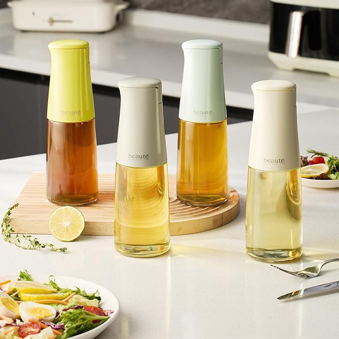 17oz Oil Dispenser for Kitchen, Auto Flip、Non-Drip、Leak Proof, Oil Bottles for Kitchen, Vinegar Dispenser, Cooking Glass Bottle with 500ml (Yellow Green)