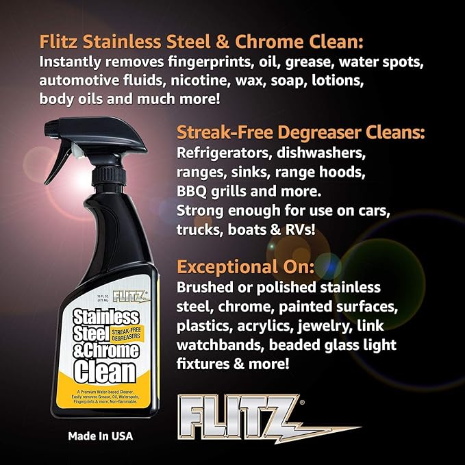 Flitz Stainless Steel & Chrome Clean - 16oz Bottle, USA-Made Stainless Steel Cleaner Spray for Appliances - Grill, Fridge, Sink Stain Remover - Also Works on Aluminum Surfaces (12 Pack)