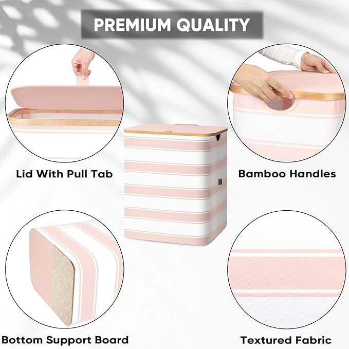 BALEINE Laundry Hamper with Lid, Tall Laundry Baskets with Bamboo Pull Handles, Large Laundry Bin with Internal Support (36 Gal/140L, Pink Stripe)