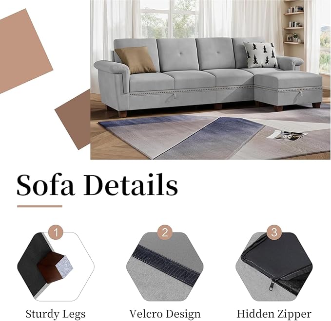 JAMFLY 108" Modular Sectional Sofa with Storage, L Shaped Sofa Couch with Reversible Ottoman, 4-Seat Convertible Sectional Couches with Cup Holders for Living Room, Apartment, Light Grey