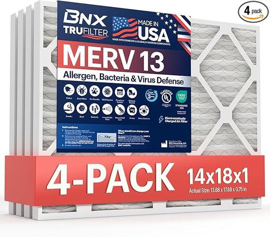 BNX TruFilter 14x18x1 MERV 13 (4-Pack) AC Furnace Air Filter - MADE IN USA - Electrostatic Pleated Air Conditioner HVAC AC Furnace Filters - Removes Pollen, Mold, Bacteria, Smoke