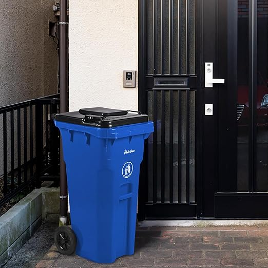 32 Gallon Trash Can Outdoor Recycling Bin with Lid and Wheels Heavy Duty Rolling Garbage Can with Lid Blue Recycle Bin with Wheels for Warehouses Hospitals Restaurants, Pack of 2