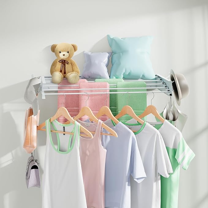 BAKON Clothes Drying Rack Wall Mounted 40", Laundry Clothes Drying Rack Collapsible with 6 Towel Hooks and 5 Rods for Hanging Clothes, Space Saving Laundry Rack for Small Space Bathroom Bedroom(40")