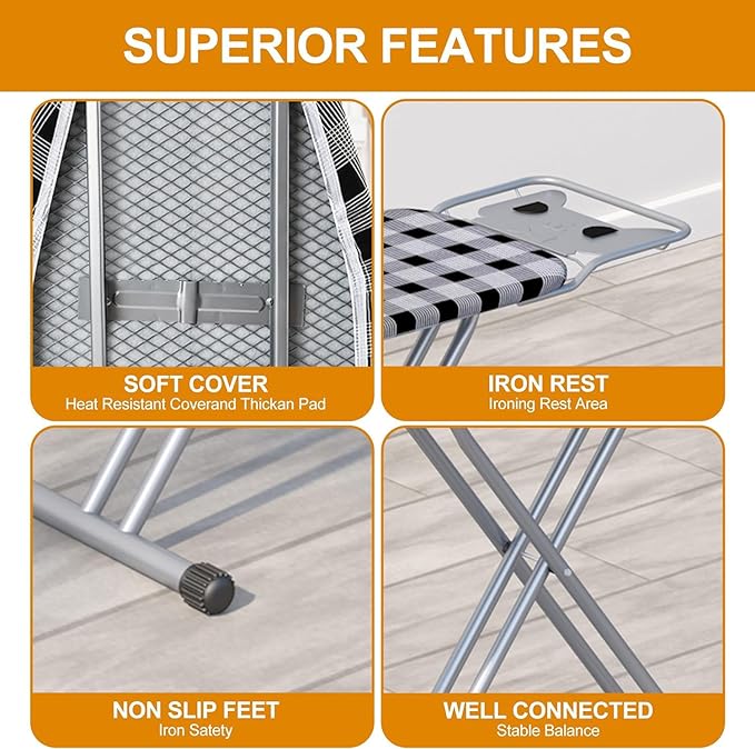Ironing Board 13" X 43" W/Extra Thick Heavy Duty Padded Cover, Height Adjustable,Heat & Scorch Resistant Fabric, Anti-Skid Feet, Extra Wide, Easy to Fold Checkered Gray