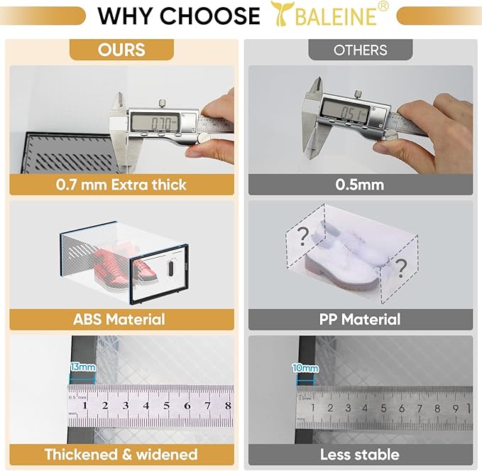 BALEINE 12 Pack Stackable Shoe Storage Boxes Fit Size 11, Thickened Clear Shoe Box Bins with Lids, Plastic Foldable Organizer Sneaker Storage Containers (X-Large, White)