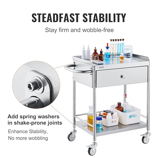 VEVOR Medical Cart, 2-Layer Stainless Steel Cart 220 lbs Weight Capacity, Lab Utility Cart with 360° Silent Wheels and a Drawer for Lab, Clinic, Kitchen, Salon, 141002