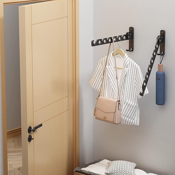 Wall Mounted Clothes Drying Rack, Wall Clothes Hanger Hook for Laundry Room Hanger Foldable, Wall Clothes Rack Indoor, Perfect for Small Spaces, Matte Black 2 Packs