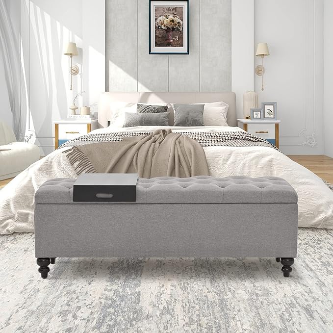 Storage Ottoman 50.2 Inches Upholstered Fabric Storage Ottoman Bench，Button Tufted Ottoman with Storage for Living Room，Bedroom End of Bed Bench Withstands 301lbs(Grey-TP)