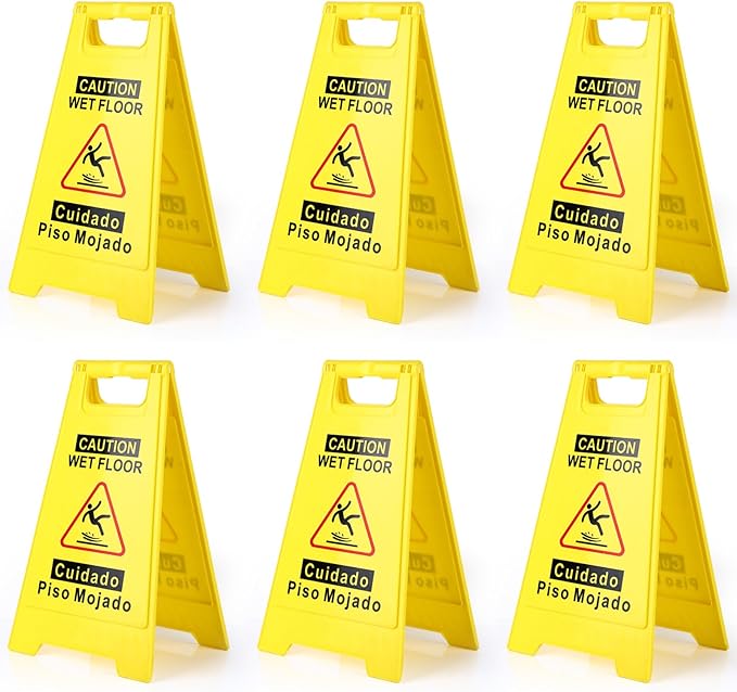 6-Pack Caution Wet Floor Sign,17.5" Height,Bright Yellow Double-Sided Folding A-Shaped Frame Design, Bilingual Caution Message
