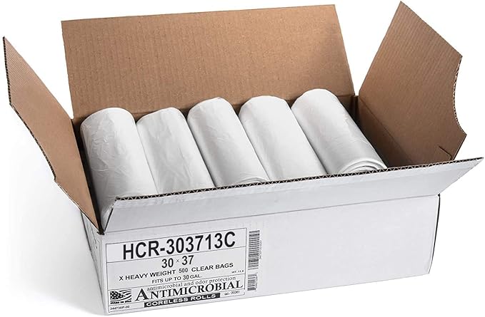 Aluf Plastics HCR-303713C High Density Star Sealed Coreless Roll Bags, 30 gal, Polyethylene, 30" x 37", Clear (Pack of 500)