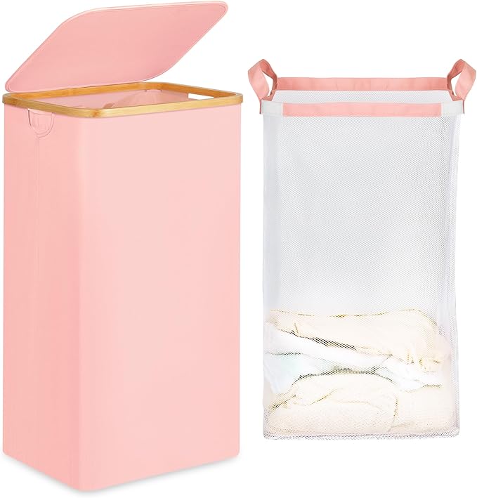 26 Gal Laundry Basket with Lid and Net Bag, Tall Laundry Hamper with Bamboo Handles, Aesthetic Dirty Clothes Bin for Laundry Room, Bathroom, Bedroom and Dorm, Pastel‌