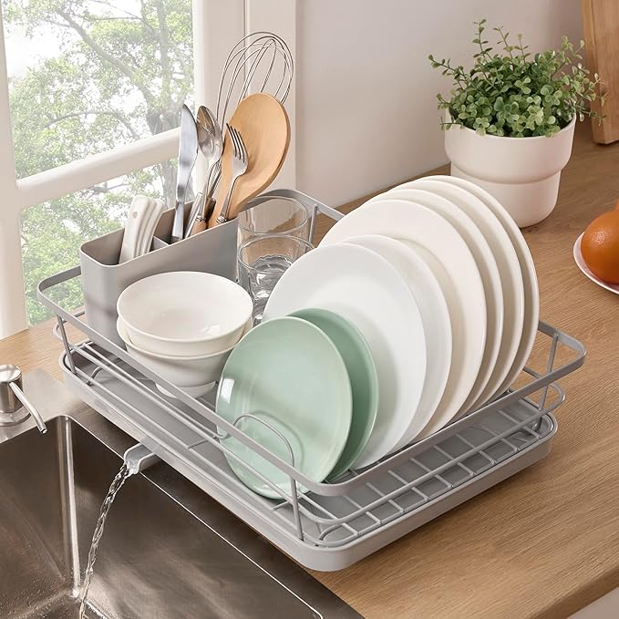 Dish Drying Rack 3 Piece Dish Drainer with Drainboard Set for Kitchen Counter – Dish Rack with Removable Utensil Holder & Swivel Spout for Countertop – DishRack for Plates, Cups & More, Silver
