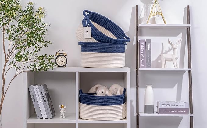 Medium and Large Woven Basket//With Handle, Used for Toys and Fabric Storage Basket used for Storing xl Storage Box, Decorative Storage Box Room 2pack (Blue, L13×W9×H7)