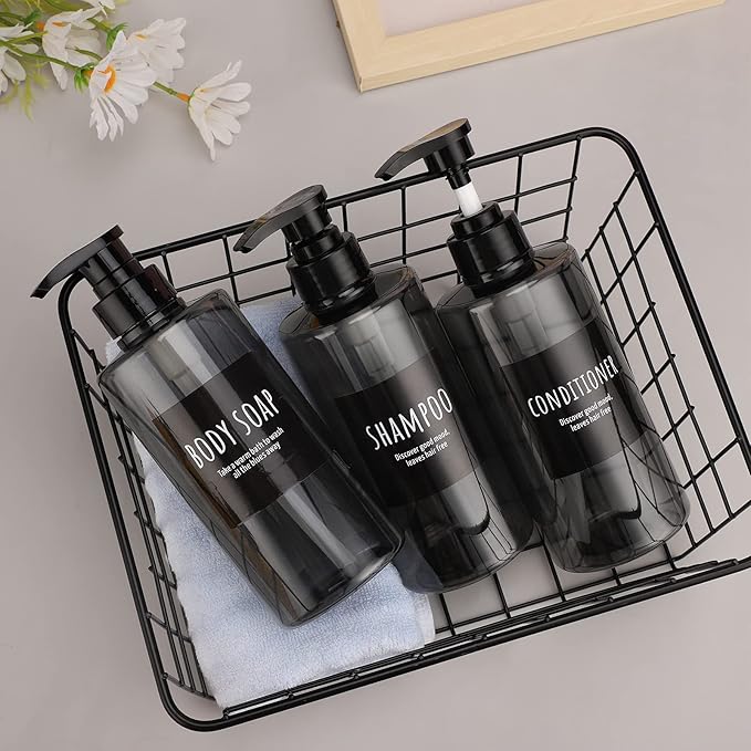 Refillable Shampoo Bottles, Segbeauty 16.9oz Shampoo Dispenser, 3pcs 500ml Empty Plastic Pump Bottle for Shower, Labeled Grey Large PET Lotion Dispenser with Pump Body Soap Conditioner Hotel Bathroom