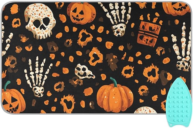 Ironing Mat Portable Ironing Pad Ironing Blanket for Table Top Heat Resistance Double-Side Using Travel Large 47.2 x 27.6 Inch Foldable Halloween Leopard Pumpkin Skull Brown