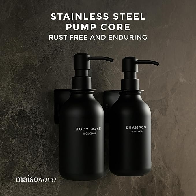 MaisoNovo Shampoo and Conditioner Dispenser - Shower Soap Dispenser Wall Mounted - 16.9 fl oz Set of 2 Black Plastic Bottles Black Pumps - 2 Chamber No Drill