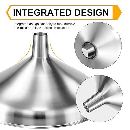 2 Pack Stainless Steel Kitchen Funnel Set for Filling Bottles - 2 Different Caliber Sizes, Seamless One-Piece Design for Transferring Oils Spices Powder Mixes (Easy to Clean)