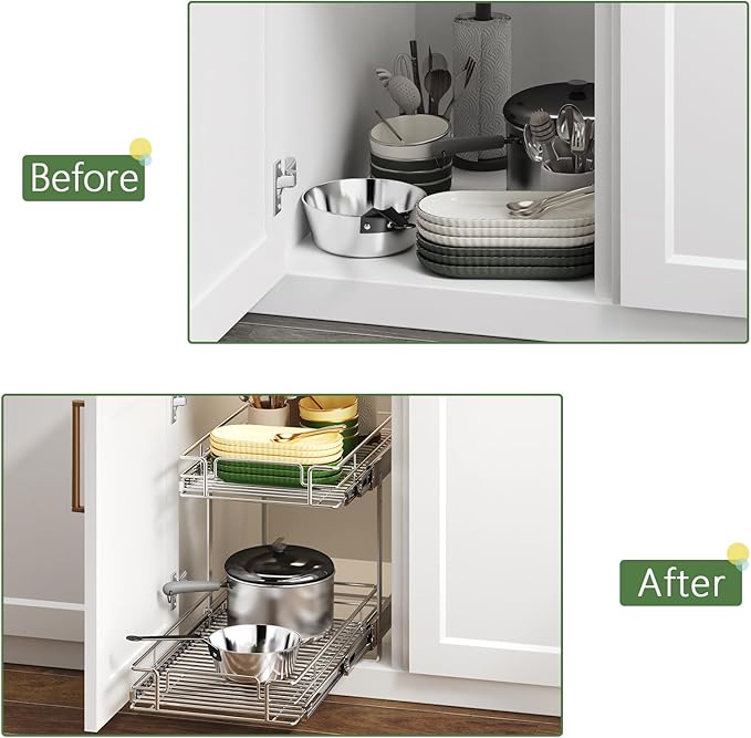 2 Tier Individual Pull Out Cabinet Organizer 10½" W x 21½" D, Heavy Duty Cabinet Pull Out Shelves, Slide Out Drawers Organization for Kitchen Cabinets Bathroom