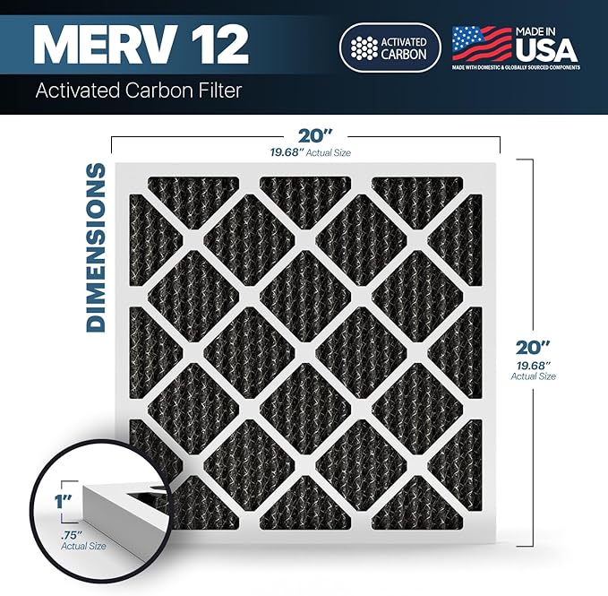 BNX TruFilter 20x20x1 MERV 12 Odor Defense (2-Pack) AC Furnace Air Filter with Activated Carbon - MADE IN USA - Pleated Air Conditioner HVAC AC Furnace Filters - Removes Odor, Mold, Bacteria, Smoke