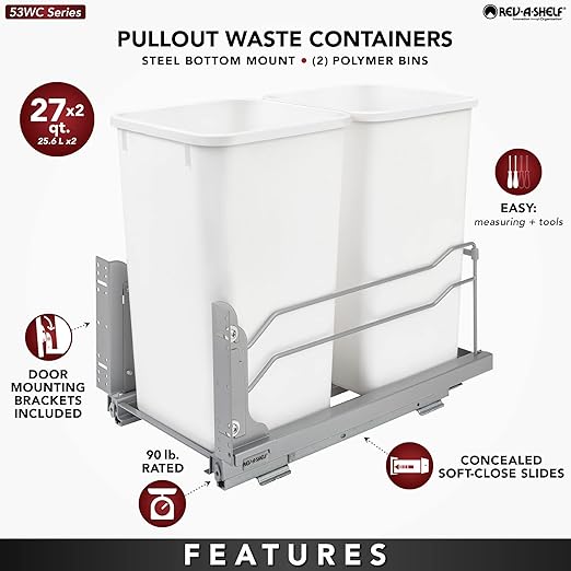Rev-A-Shelf Double Pull-Out Trash Can for Under Kitchen Cabinets 27 Quart 12.5 Gallon with Soft-Close Slides, White, 53WC-1527SCDM-211