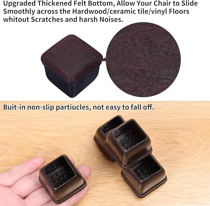 Ezprotekt 24 Pcs Black Square Chair Leg Floor Protectors with Felt, Silicone Felt Furniture Pads Cups for Hardwood Floor, Dining Table Leg Caps Covers No Scratches and Noise (M Fit: 0.75" - 1")