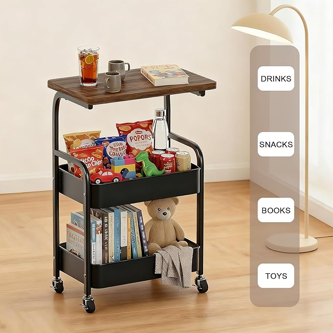 Rolling Cart with Wooden Tabletop 3-Tier Metal Utility Rolling Cart Storage Organizer with Lockable Wheels for Kitchen, Office, Bedroom