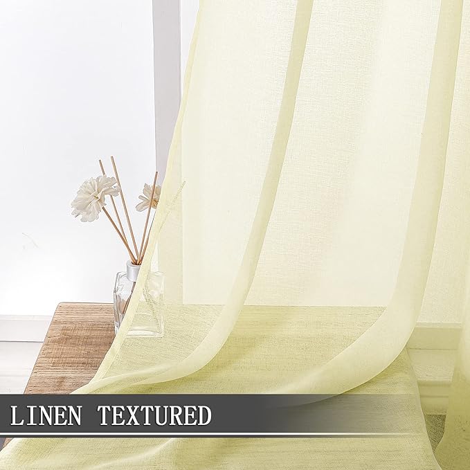 Tollpiz Short Sheer Curtains Linen Textured Living Room Curtain Sheers Light Filtering Rod Pocket Voile Curtains for Bedroom, 42 x 45 inches Long, Transparent Yellow, Set of 2 Panels