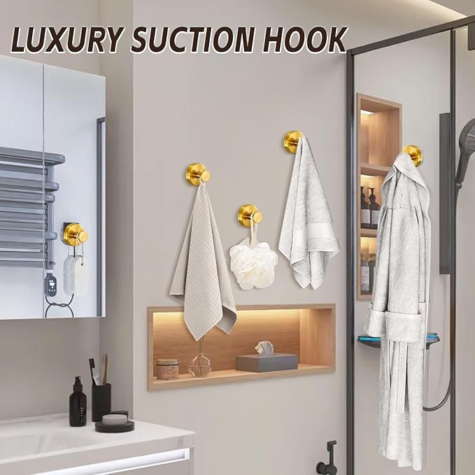 Reusable Heavy Duty Suction Cup Hooks for Kitchen/Bathroom/Shower - Wet-Proof Hooks for Towels, Robes, Loofah&Wreaths/No Drill Mounting on Glass, Tile, Metal (2, Brushed Gold)