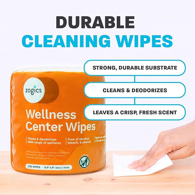 Zogics Wellness Center Cleaning Wipes – Gym Wipes for Cleaning Surfaces and Equipment, Durable and Safe Pre-Saturated Wet Wipes (1 Roll of 1,150 Wipes)