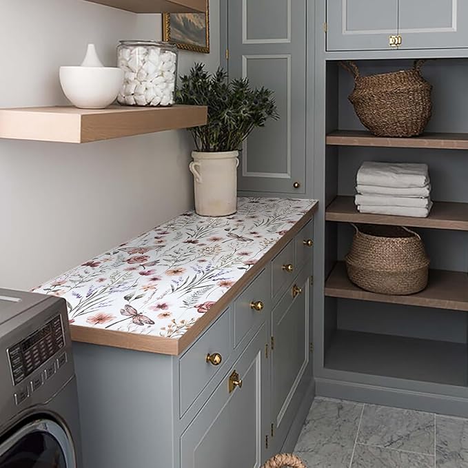 Shelf and Drawer Liner for Kitchen Cabinets, Non-Adhesive and Strong Non-Slip Floral Shelf Cabinet Drawer Liners for Kitchen, Waterproof Cupboard Liners,Easy to Clean,12IN x 10FT