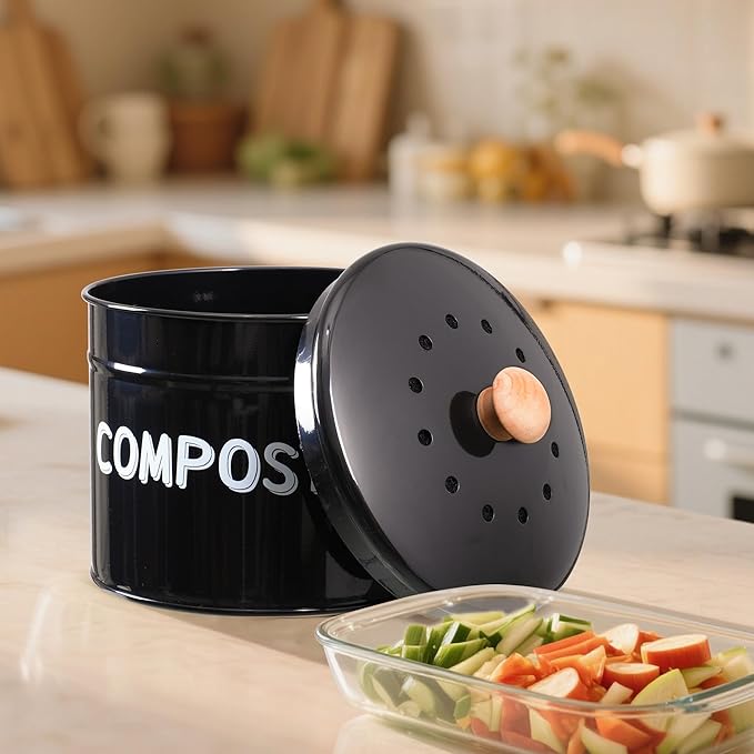 Compost Bin for Kitchen Counter, 1 Gallon Compost Bucket with Lid and Charcoal Filter, Countertop Composter, Rust Proof Indoor Food Waste Bin, Black