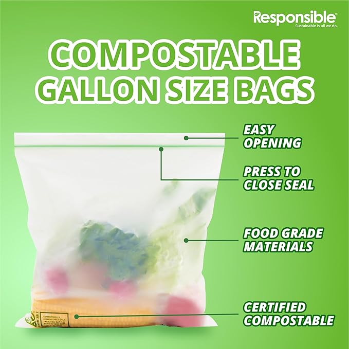 Responsible Products Certified Compostable SNACK Resealable Zip Bag, Extra Strength Food Bags, Plant-Based Freezer-Safe (184 Pack)
