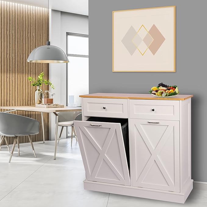 Betterhood Double Tilt Out Trash Cabinet Can Bin Kitchen 20 Gallon Wooden Free Standing Laundry Sorter,Recycling Cabinet with Hideaway Drawer, (White)