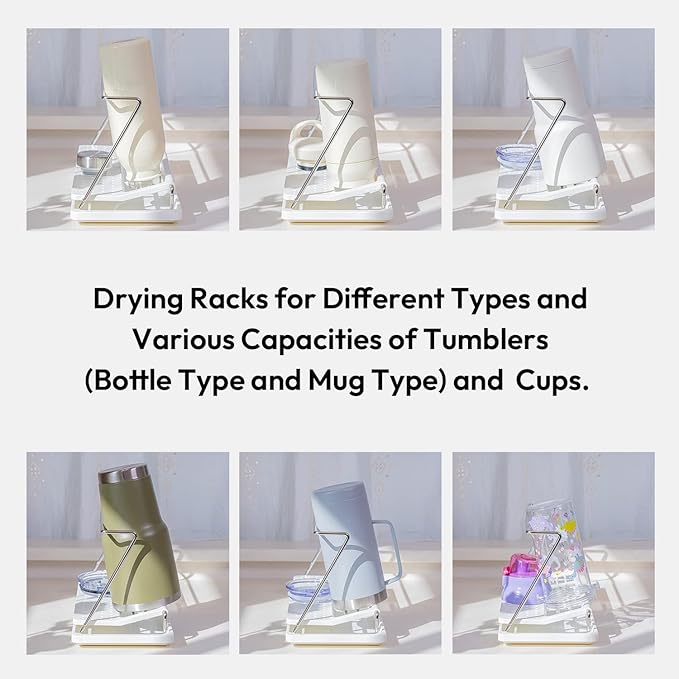 carrotez Bottle Drying Rack, Tumbler Rack with Drain Tray - Narrow and Wide Openings with Various Capacity, Mug Type and Cup Type - White