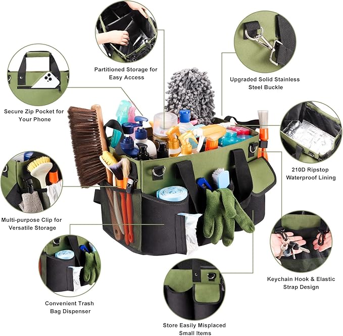 Viajero Wearable Cleaning Caddy Bag, Large Cleaning Supplies Organizer Housekeeping Supply Caddy Detailing Bag with Handle Shoulder Waist Straps for Tote Tools Products Housekeepers Car Home House