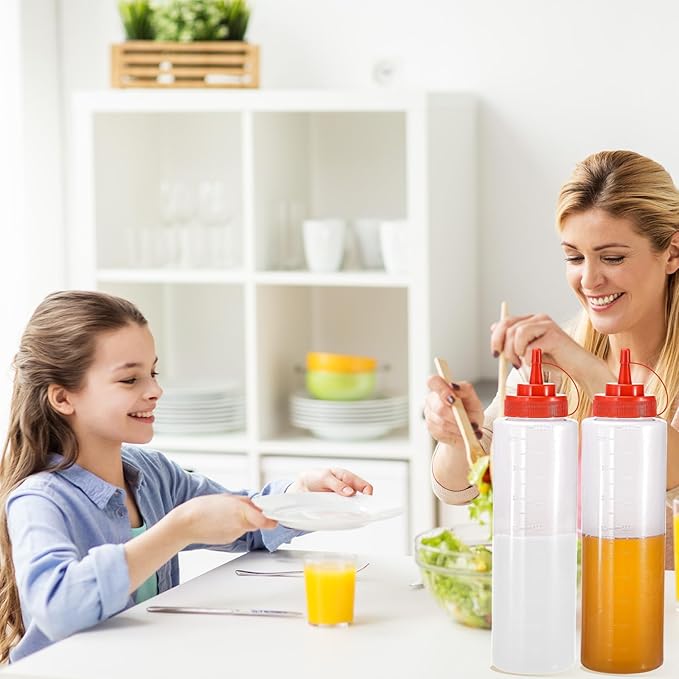Condiment Squeeze Bottles Ketchup Dispenser, 6 Pack 32oz Squeeze Bottles for Liquids, Plastic Sauce Bottle with Cap Lid, Squirt Bottles for Sauces Liquids BBQ Dressing Pancake Art