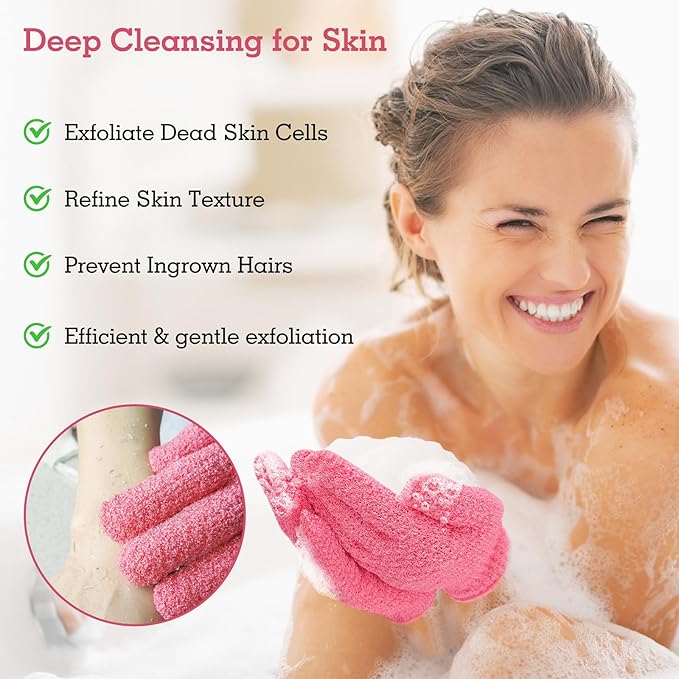 Evridwear Exfoliating Gloves for Shower, 100% Nylon Thick Soft Medium Heavy Bathing Gloves Dead Skin Remover Body Scrubber Smooth Skin with Hang Loop, 3 Pairs Heavy Hot Pink