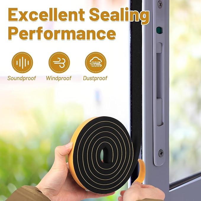 Weather Stripping Door Seal Strips 1/2 in x 1/4 in, Strong Adhesive Foam Insulation Tapes, Soundproof Weatherstrips for Windows Sliding Doors, 2 Rolls Total 52Ft