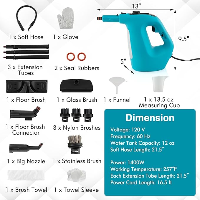 COSTWAY Handheld MultiPurpose Steam Cleaner with 17 Pieces, 350ml Large Capacity Steam Mop Continuous Fill water, Portable Chemical-Free Steamer for Home Use, Floors, Windows, 1400W, Blue