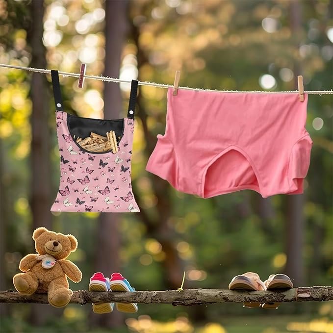 Butterfly Print Clothes Pin Hanging Bag, Stylish Clothespin Bag with Hanging Rope Clothes Pins Bag Holder Outdoor for Clothespin