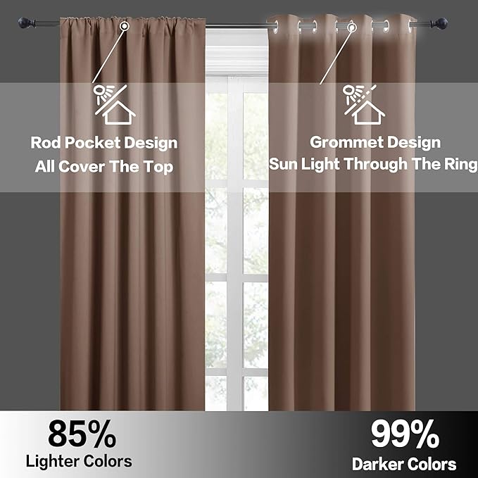 RYB HOME Blackout Curtain Set - Solid Country Curtains Sunlight Glare Block Noise Reduce Drapes for Bedroom Kitchen Cafe Basement RV Cargo Window, 52 x 36 inch Long, Cappuccino, 2 Pcs