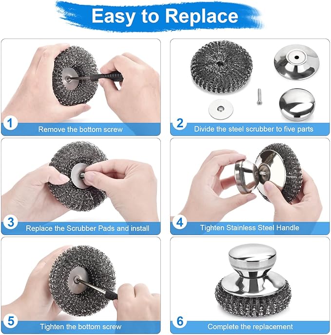 7PCS Steel Wool Scrubber Pads, Stainless Steel Scrubber Set with 1PCS Handle, Metal Scrubbers for Cleaning Kitchen and Household, Dishes, Stoves, Grill, Wash Sink, Pots