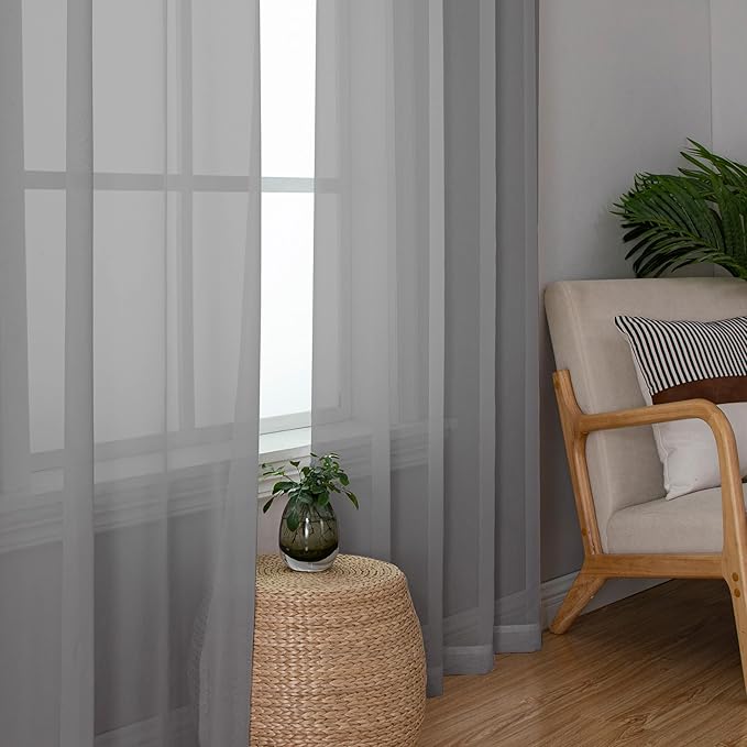 Chyhomenyc Charcoal Grey Sheer Curtains 45 Inch Long 2 Panels, Light Filtering Elegant Lightweight Soft Rod Pockets Drapes for Small Window Bathroom Living Room Bedroom, 42W x 45L inches
