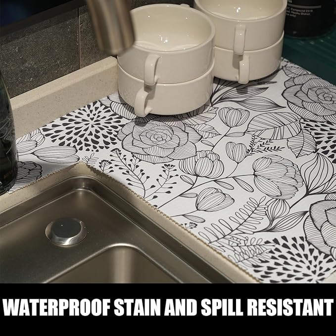 Floral Drawer and Shelf Liner for Kitchen 16IN x 20FT, Non-Adhesive and Strong Non-Slip Cabinet Drawer Liners, Waterproof Thickened Shelf Liner,Easy to Clean,Black and White