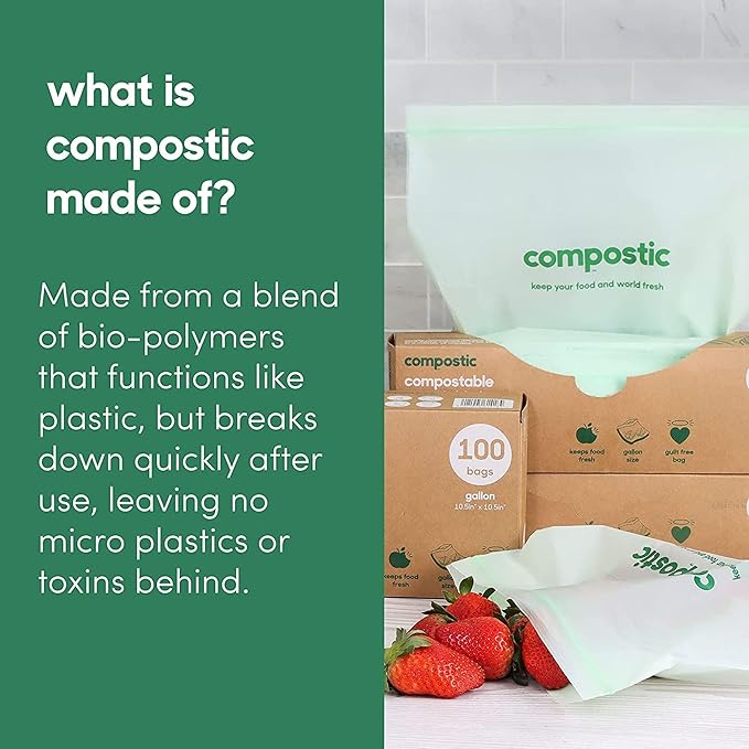 Compostic Home Compostable Resealable Snack Bags (6"x 3.5"), Microwave & Freezer Safe, Organic Food Storage Container, 100 Count (Pack of 2)