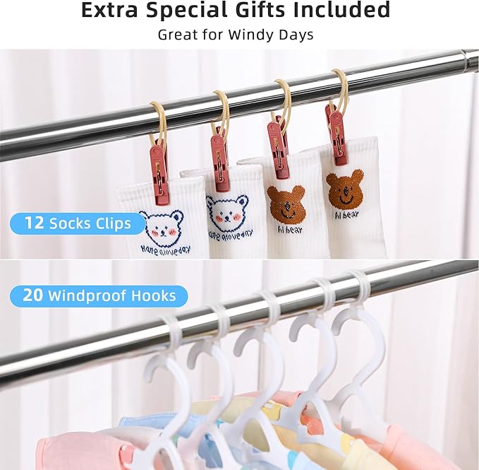 funest Drying Rack Clothing, 79 Inches Adjustble & Foldable Laundry Drying Rack, Heavy Duty Stainless Steel Clothes Drying Rack with 20 Hooks, 12 Clips, Suitable for Indoor, Outdoor and Balcony