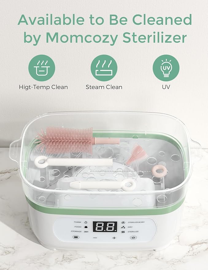 Momcozy Baby Bottle Brush Set, Cleaner Kit with Silicone Nipple Straw Brush, Soap Dispenser, Drying Rack - 7 in 1 Bottle Cleaning Tool for Home and Travel, Pink