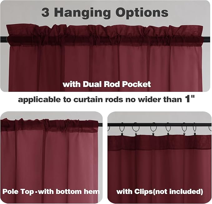 Chyhomenyc Sheer Curtains 36 Inch Length, Short Voile Sheer Window Curtians for Small Window Bathroom Cafe Living Room Farmhouse, 2PCS, 42W x 36L inches, Rod Pocket, Burgundy