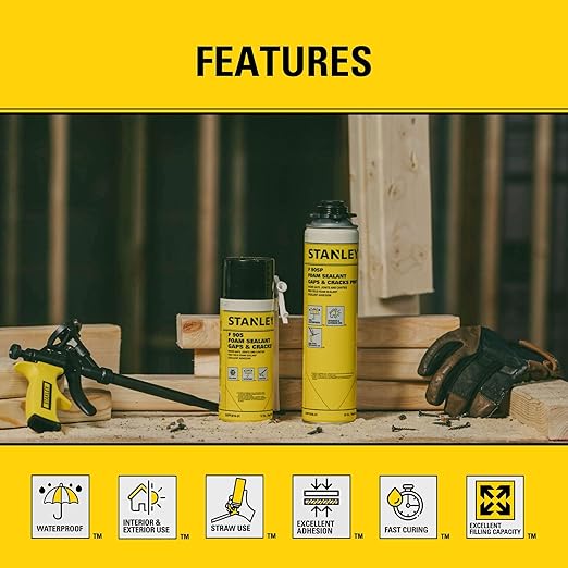 Stanley F905 Gaps & Cracks Sealant (2x12 Oz.) – Polyurethane Spray Foam Insulation for Window & Door, Waterproof Gap Filler, Low Expansion Foam for Indoor & Outdoor Use | Straw Use | 12 Oz. 2 Pack